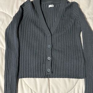 Aerie Gray Ribbed Cardigan Sweater V-Neck Cropped